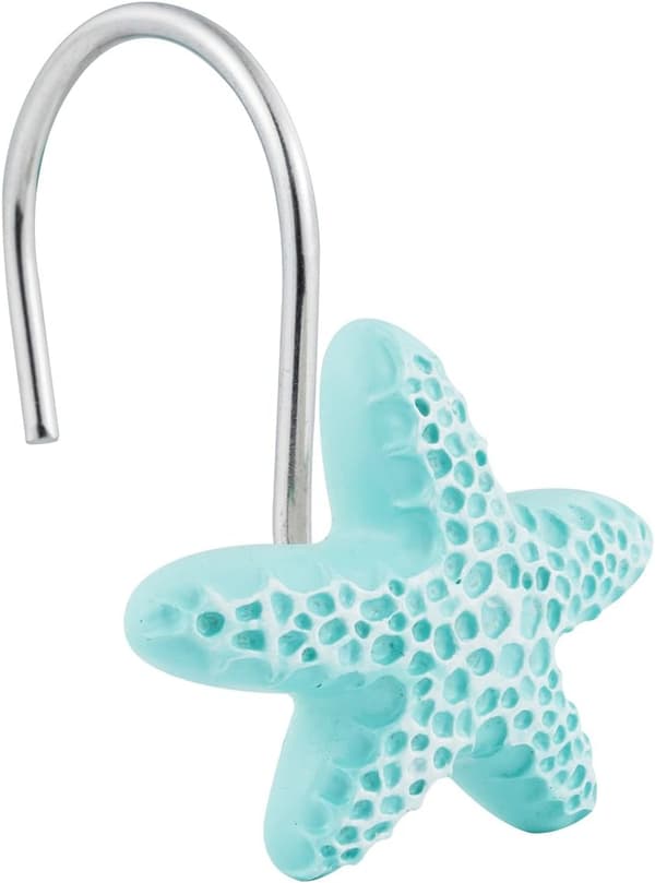 Decorative Resin Blue Starfish Shower Ring, Rust-Resistant Shower Curtain Hooks, Iron Hooks with Chrome Plating, 12-Pack (Blue Starfish)