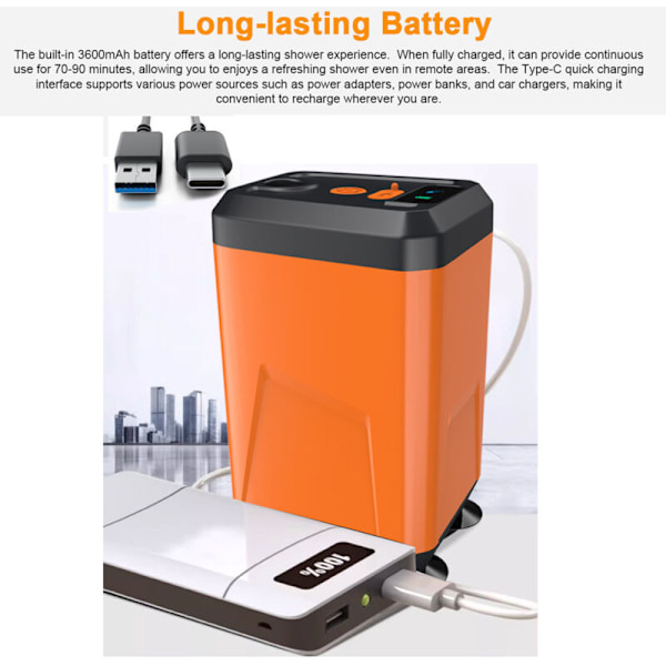Campingduschkit, bärbar dusch för campingplats, utomhus campingduschpump, uppladdningsbart duschhuvud, 2 meter lång, 3 lägen, Li-ion batteri 3600mAh
