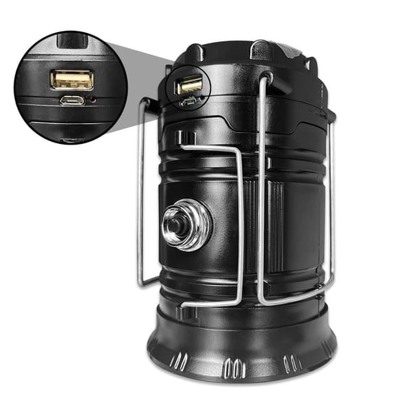 Solcelle campinglampe, sammenleggbar LED, USB-C oppladbar, svart