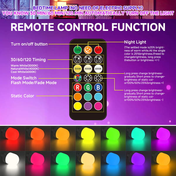 USB Rechargeable LED Lamp with Remote Control CCT+RGB+1800K Color Changing, Dimmable, Wireless Night Light