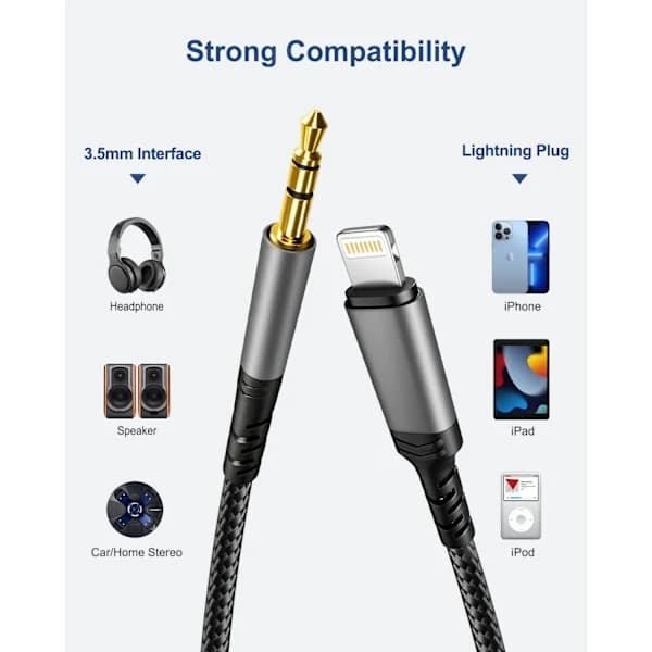 Bil Aux Lydkabel kompatibel iPhone, Lightning til 3.5mm Nylon Stereo Au,A