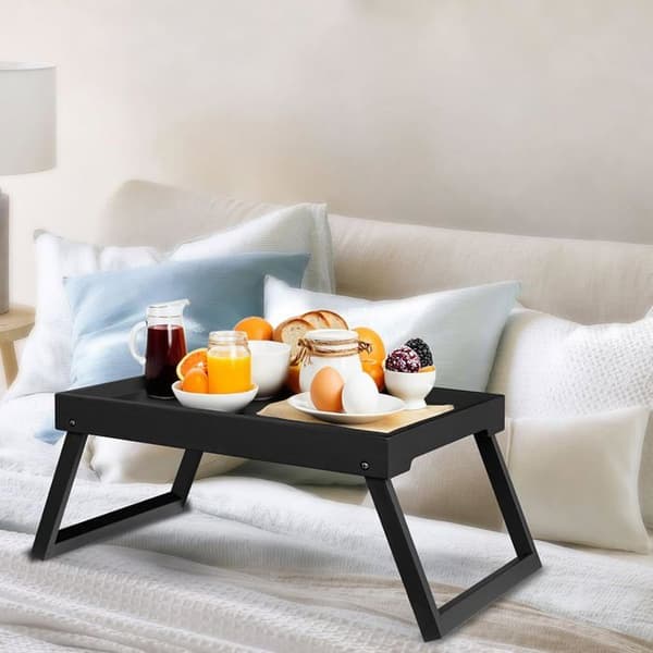 Bamboo Bedside Table with Foldable Legs for Kitchen, Dining Room, Sofa, Office, Laptop Table (Black)