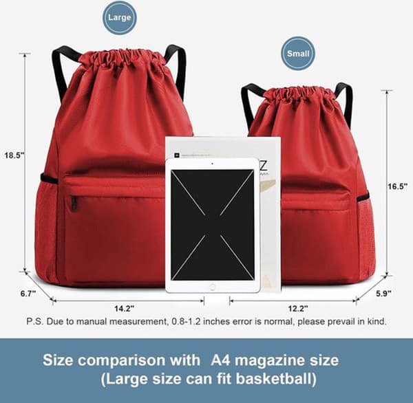 Gym Drawstring Backpack, Waterproof, with Wet and Dry Compartment and Multiple Pockets, Unisex, 18.5 Inch Large.