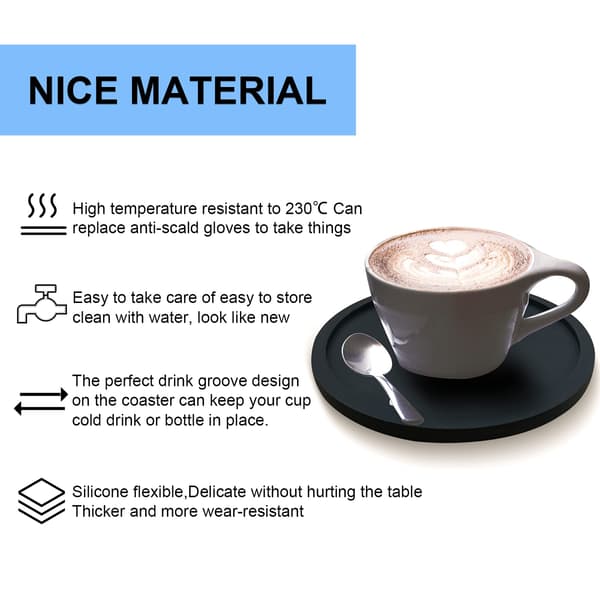 Coasters for Drinks - Non-Slip Reusable Coasters, Non-Slip Silicone Cup Coasters Fit Coffee (4-Pack, Black)