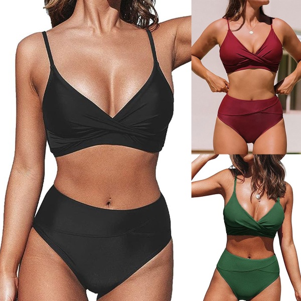 Ensfarvet V-hals bikini sæt bordeaux M