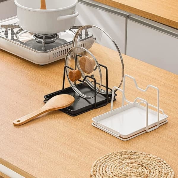 Lid Rack Cutting Board Rack Spoon Rest Cutting Board Organizer Rack with Drip Tray (Black)