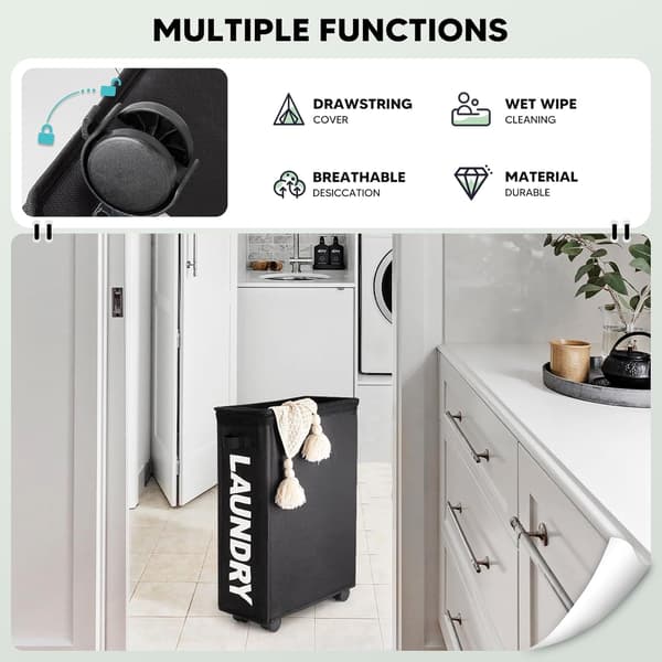 Slim Foldable Laundry Basket with 4 Wheels, Thin and Foldable Laundry Hamper, Oxford Fabric, Small Slim Laundry Basket with Wheels (Black)