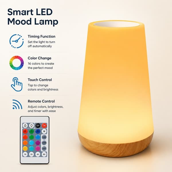 LED Night Light, Bedside Lamp, Touch Control, Remote Control, Rechargeable, 13 Colors, 5 Brightness Levels