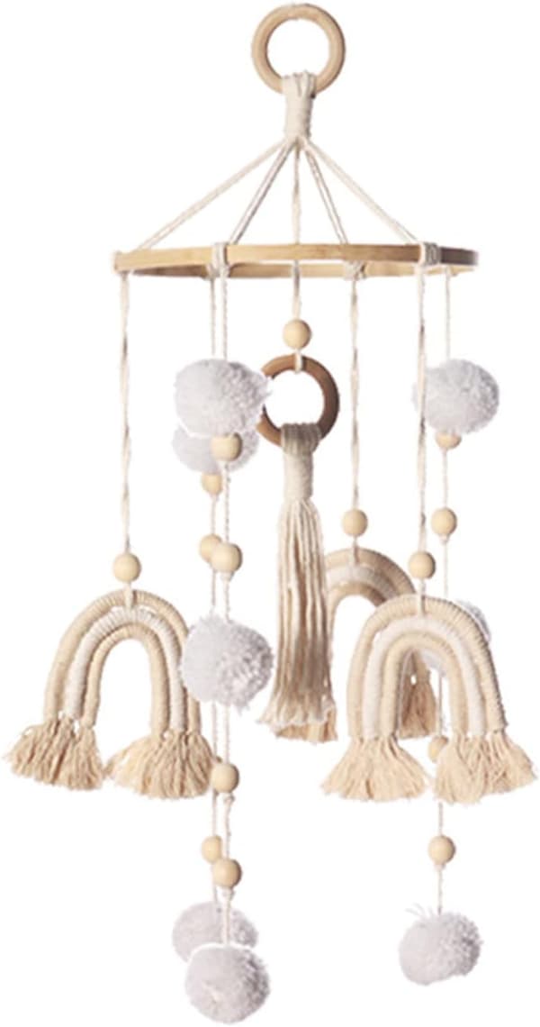Rainbow Cot Bell Wind Chime Mobile Baby with Pom Pom Kids Hanging Cot Mobile Wind Chime