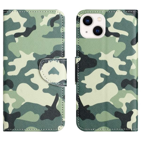For iPhone 15 Wallet Case Cover Pattern Protection - Camouflage Grön green