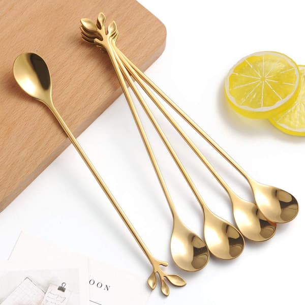 10-pack stainless steel coffee spoons with gold leaf – creative dessert spoons, stirring, mixing, sugar, teaspoon set