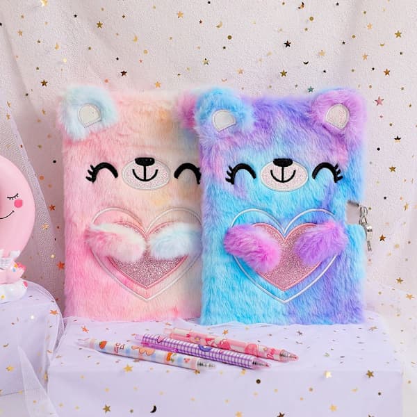 A5 Cartoon Bear with Lock Plush Notebook Purple