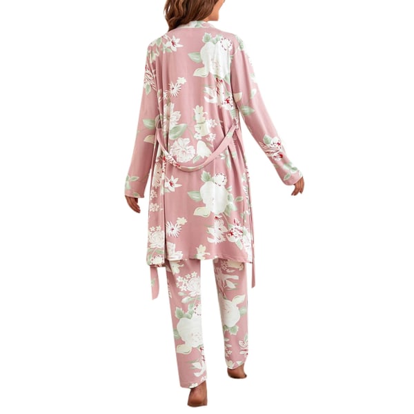 Långa pyjamasset för kvinnor, printed mjölksilkepyjamas långa pyjamasbottnar 3-delat set Rosa Storlek: XL