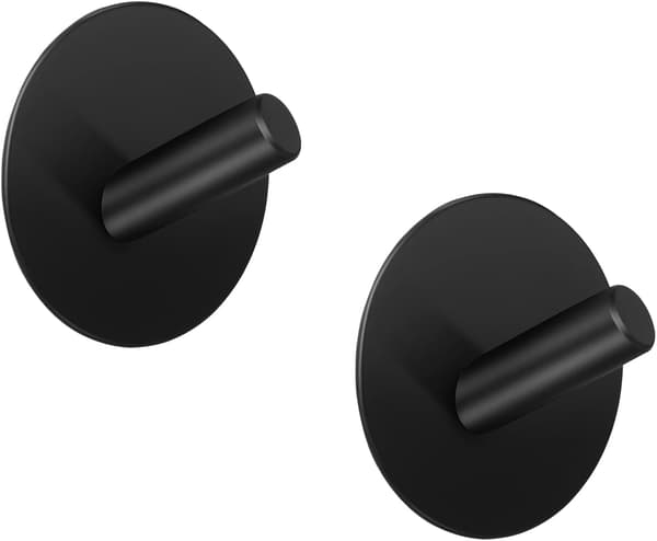 Rounded Self-Adhesive Stainless Steel Towel Hooks - 2-Pack, No Drilling Required, Rust-Proof Design, Suitable for Bathroom and Kitchen, Black