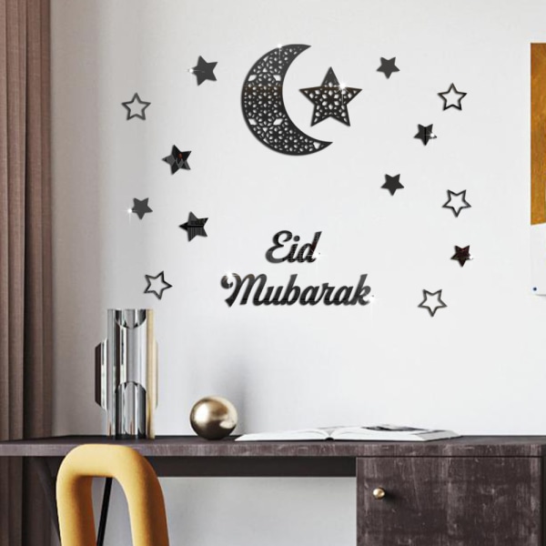 3D Ramadan Kareem Aufkleber Dekorationen Wand Eid Mubarak Eid Al Adha Mond ja Stern Aufkleber Islamische Spiegeldekoration (Schwarz)