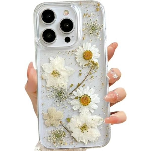 iPhone 13 Pro Transparent Skal med Pressade Äkta Blommor Design, Glitter Sött Vitt Blommigt Mönster Smalt Mjukt TPU Skyddande Fodral för Kvinnor