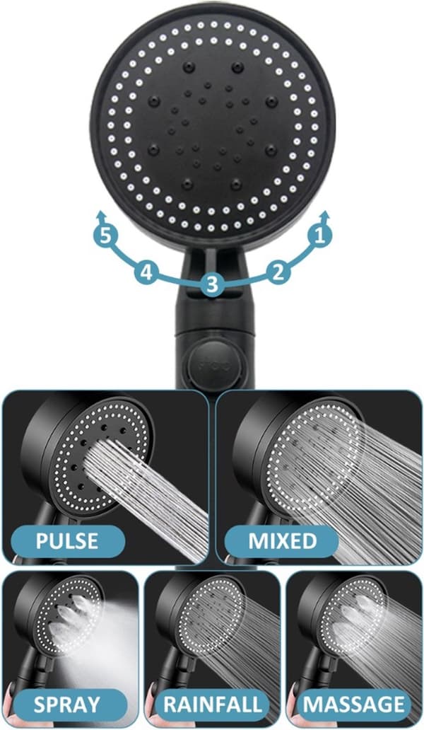 Shower Head with Hose and Wall Mount, 6 Modes, Water-Saving Handheld Shower Set with Stop Button, Matte Black