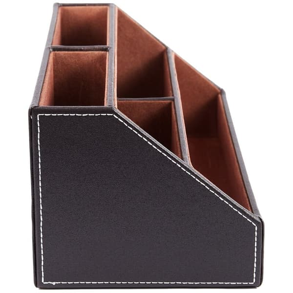 Multifunctional storage box in wood and leather structure for desk or table, pen holder, mobile phone (brown)