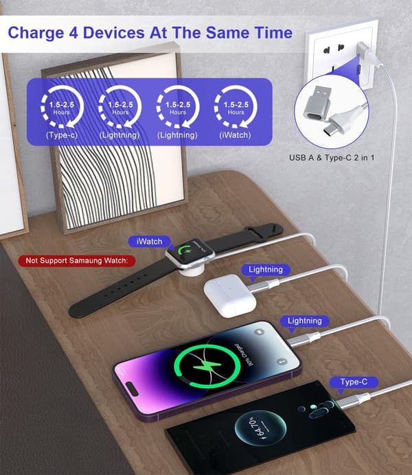 2025 Seneste Model Flere Opladerkabel til Apple Watch Oplader - 10FT USB & USB C 2 i 1 Multi Opladerkabel Nylon Rejseoplader til i