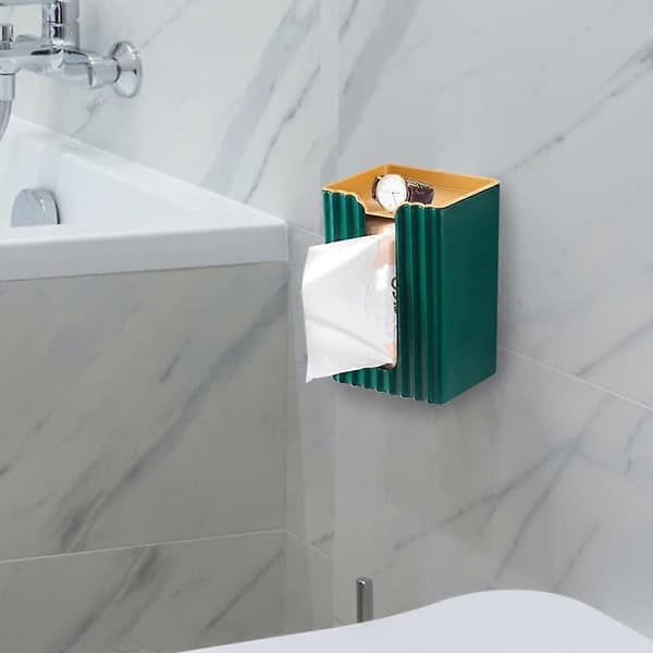 Creative Wall-Mounted Tissue Box Holder, Self-Adhesive Bathroom Tissue Dispenser Box, Tissue Storage Box with Storage Shelf (Green)