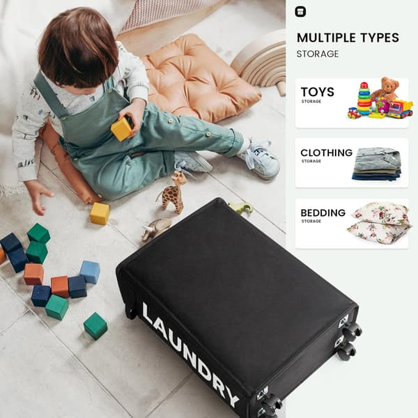 Slim Foldable Laundry Basket with 4 Wheels, Thin and Foldable Laundry Hamper, Oxford Fabric, Small Slim Laundry Basket with Wheels (Black)