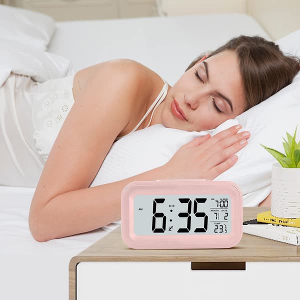 Smart Digital Alarm Clock, LCD Screen Table Clock with Snooze, Date, Temperature, 12/24Hr, Battery Powered, Light Control Intelligent Alarm Clock