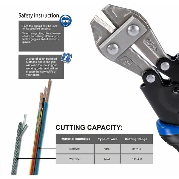 Mini Bolt Cutter 8 - 200mm, Two-Tone Handle Cable Cutter for Cutting Bolts, Chain Links, Threaded Rods, Wires, Strands