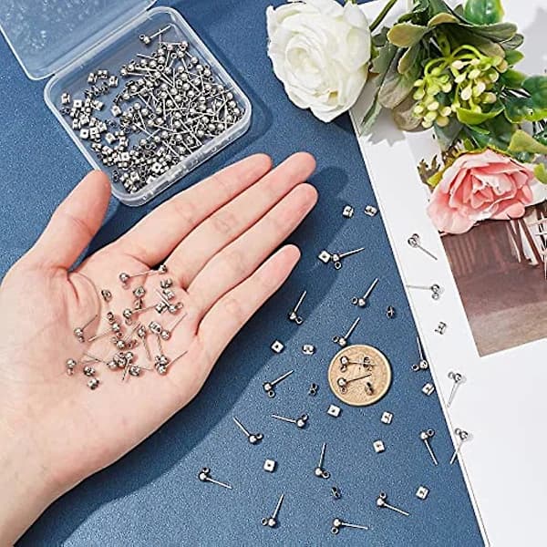 Pandahall 200 Pcs Earring Stud Kit Stainless Steel Earring Studs Round Pin Studs With Loop With Butterfly Earring Backs For Hanging Ear