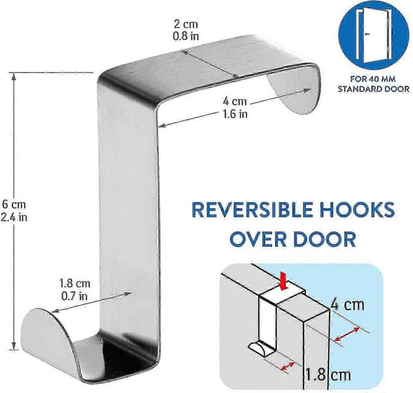 Seger - 6 dørkroker i rustfritt stål - Vendbare for standarddør og garderobe - Opptil 5 kg 26s