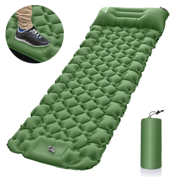 Itsepuhallettava Campingmakuualusta, Makuupussi Tyynyllä ja Jalkapumpulla, Kannettava Ultralight Ilmatäytteinen Makuualusta Leirintään, Matkustamiseen, Vaellukseen, Vihreä