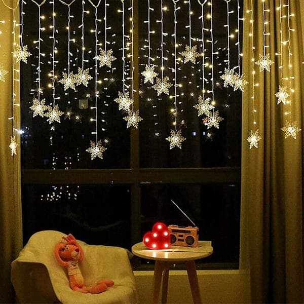 LED Curtain Light String, 4M Snowflake Light String, Christmas Lighting 4 Flashing Modes, Waterproof Lighting for Christmas Windows