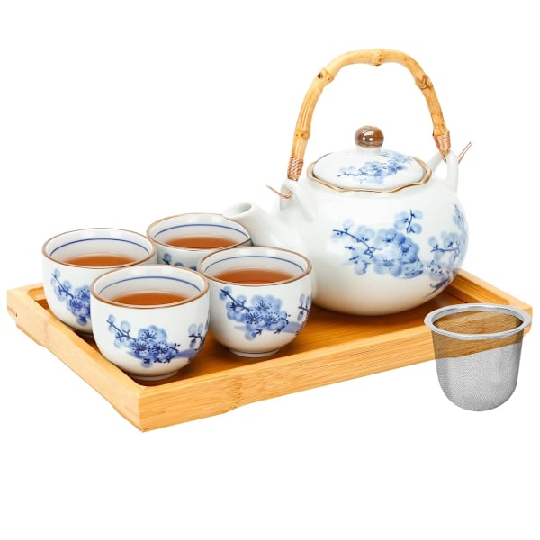Tesæt Porcelæn med Tekande og Tekopper til 4 Personer, Blåt og Hvidt Tesæt til Voksne, Asiatisk Tesæt til Teelskere/Kvinder/Mænd