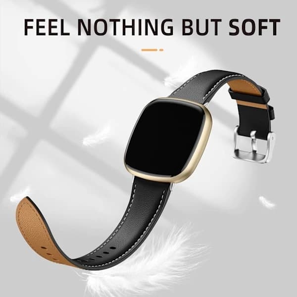 Læderarmbånd Kompatibelt med Fitbit Versa 3/Fitbit Sense 2/Sense, Ægte Læder Elegant Erstatningsarmbånd, Sort