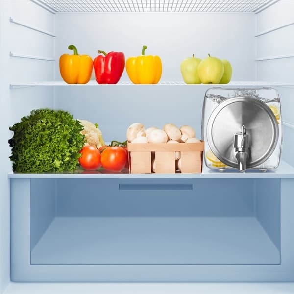 Beverage dispenser with tap for fruit and ice, refrigerator-friendly