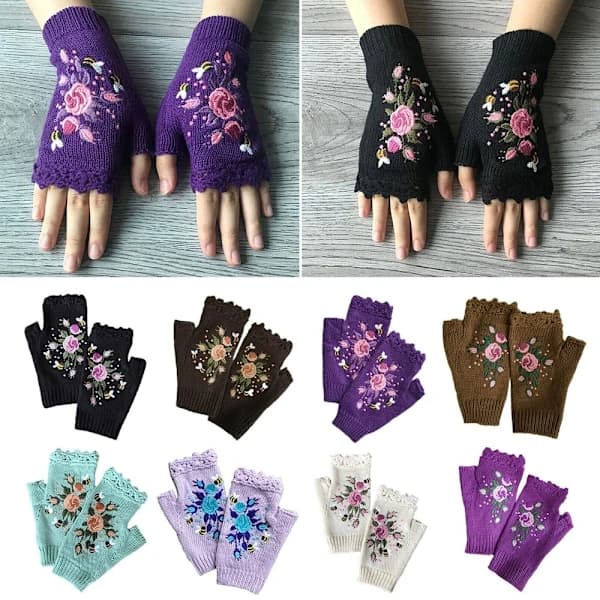 Bifblomma Stickade Fingerlösa Handskar Mörk Lila