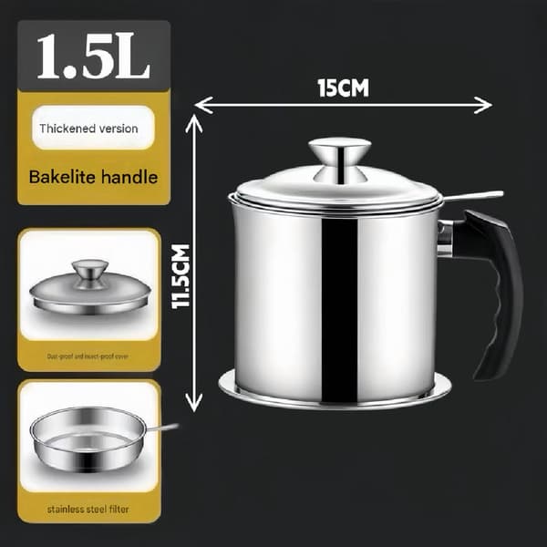 Stainless Steel - Kitchen Grease Container with Strainer - Easy-Pour Handle - Ideal for Storing Cooking Oil & Grease - Essential Kitchen Utensil