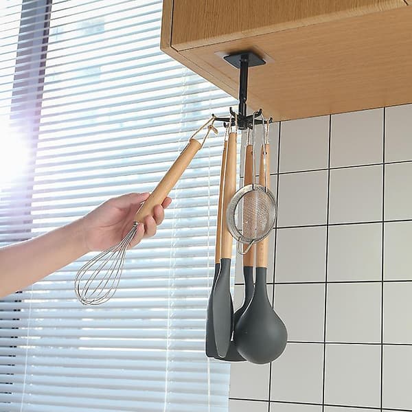 Kitchen Utensil Holder, 1 Piece 360 Rotating Self-Adhesive Kitchen Holder Storage Rack No Drilling with 6 Hooks Kitchen Utensils