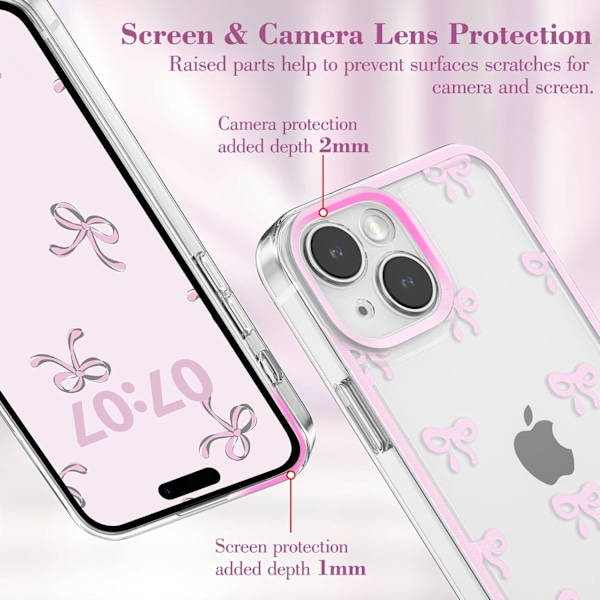 Deksel til iPhone 15, Gjennomsiktig Søtt Bånd Sløyfe Mønster Estetisk Transparent Mobilskall Hevet Kamerabeskyttelse for Jenter - Rosa iPhone 15