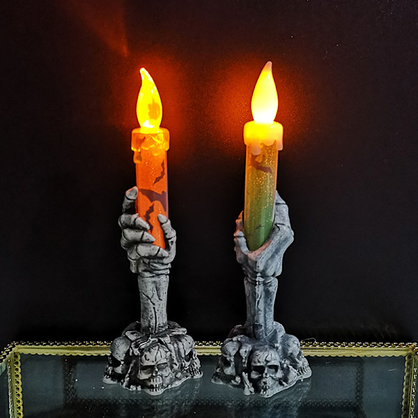 2 kpl Luurankokädet Valoilla, Liekitön Luurankohaamu Käsi Halloween Kynttilät, Koristeellinen Kynttilänjalka Valo