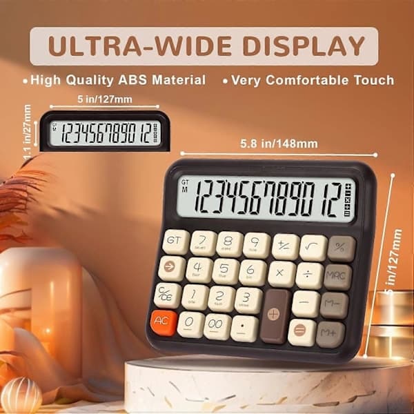 Desktop Calculator 12 Digits, Retro Cute Basic Calculator with Extra Large LCD Display and Buttons - Brown