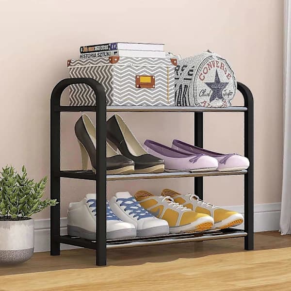 Small Shoe Rack, 3-Tier Shoe Rack Multifunctional Lightweight Organizer Heavy Duty Metal Stackable Standing Shoe Rack for,A