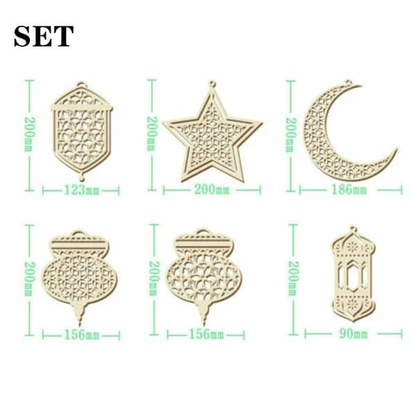 Eid Mubarak hengende dekorasjon i tre, måne, stjerner og lykt