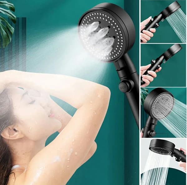 Shower Head with Hose and Wall Mount, 6 Modes, Water-Saving Handheld Shower Set with Stop Button, Matte Black