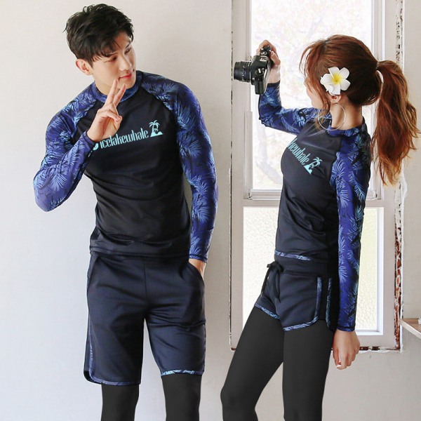 Ny koreansk våtdräkt för par: fyrdelad kostym för kvinnor, långärmad och långbyxa delad baddräkt-L