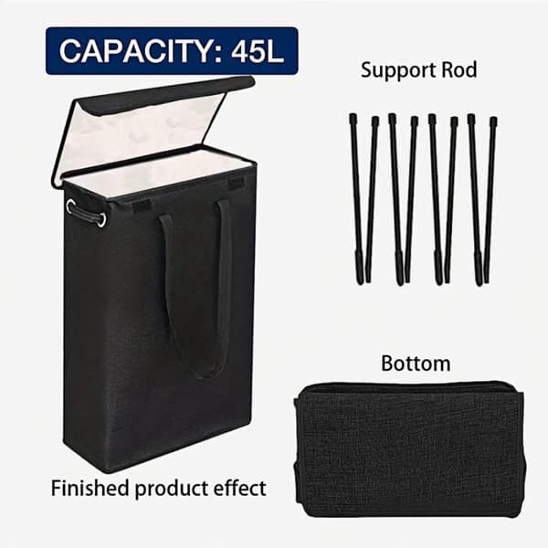Foldable Laundry Basket 45L – With Lid & Handle – Slim – Black