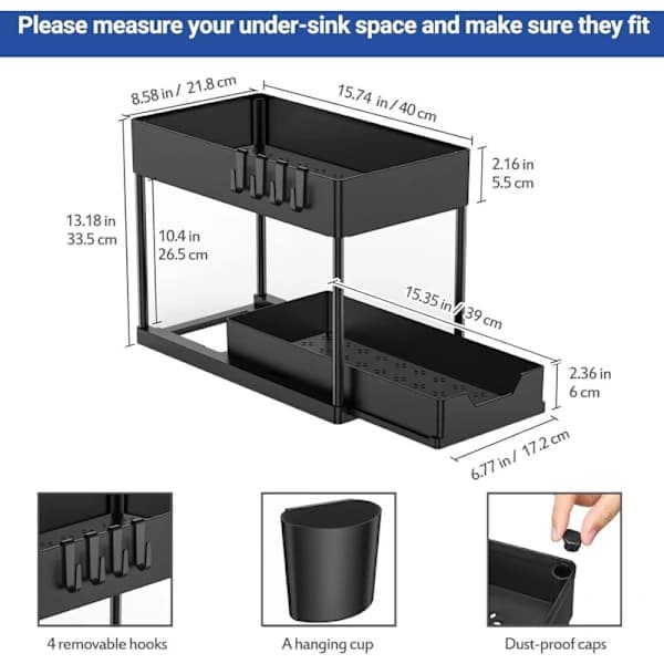 2-Tier Under Sink Storage with Pull-Out Drawers, Kitchen Under Sink Sliding Shelf, Multi-functional Bathroom Organizer, A