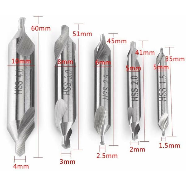 5-pakks senterbor/sentrumsbor/60° HSS senterbor borkutter 1,5/2/2,5/3/4 mm