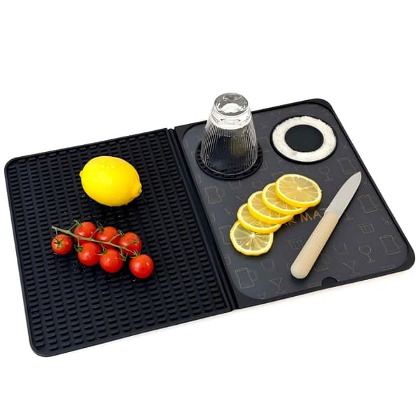 Bar Mat, Bar Accessories, Foldable Cocktail Mat with Cutting Board, 18\" X 12\" (Black) Drying Mats