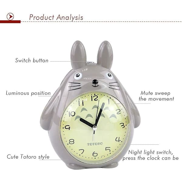 Wekity Totoro-tema, slumrefunksjon, stille og LED-nattlys, klokke, beste gave til barn, tenåringer og venner, grå
