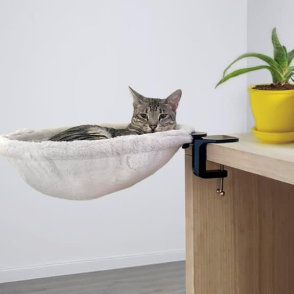 Cat Hammock to Attach Under a Table, Steel Frame, Foldable and Washable Cat Bed, Desk Tray, Cat Rest Mat